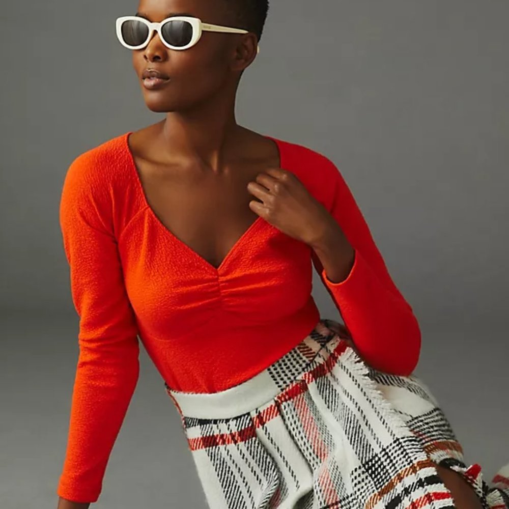 Anthropologie Maeve Sweetheart Neck Textured Blouse To In Orange Size M NWT